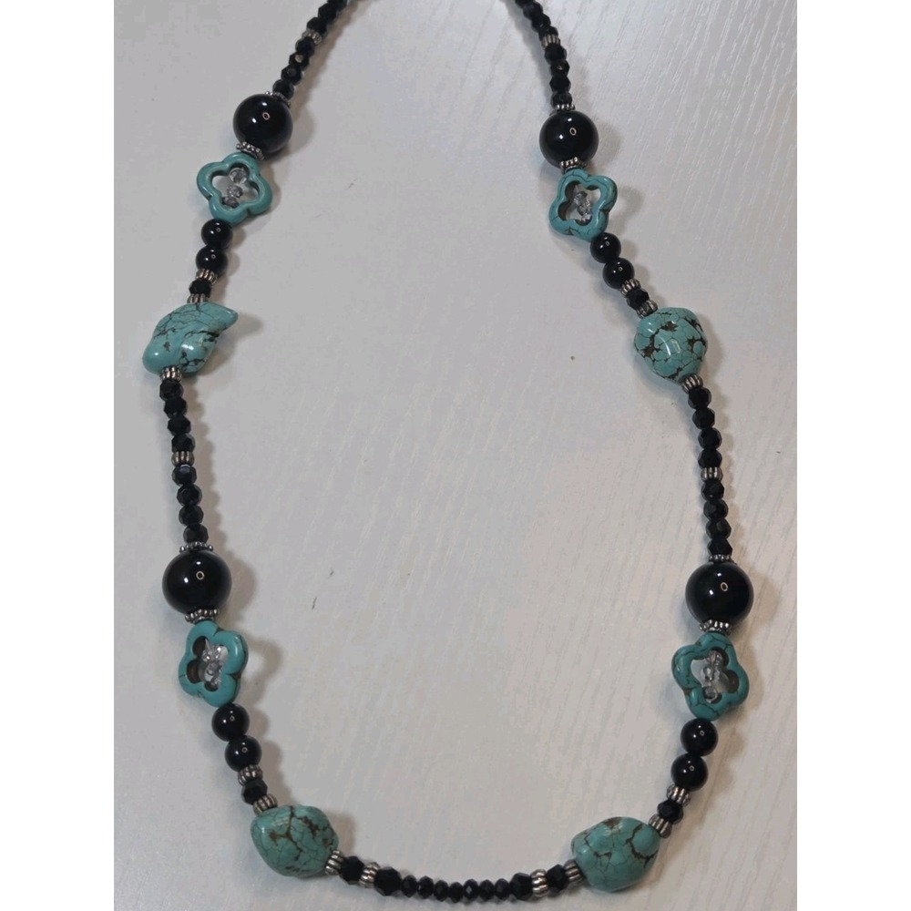 Natural and Faux Turquoise & Black Beaded Necklace 12" Drop Toggle Clasp